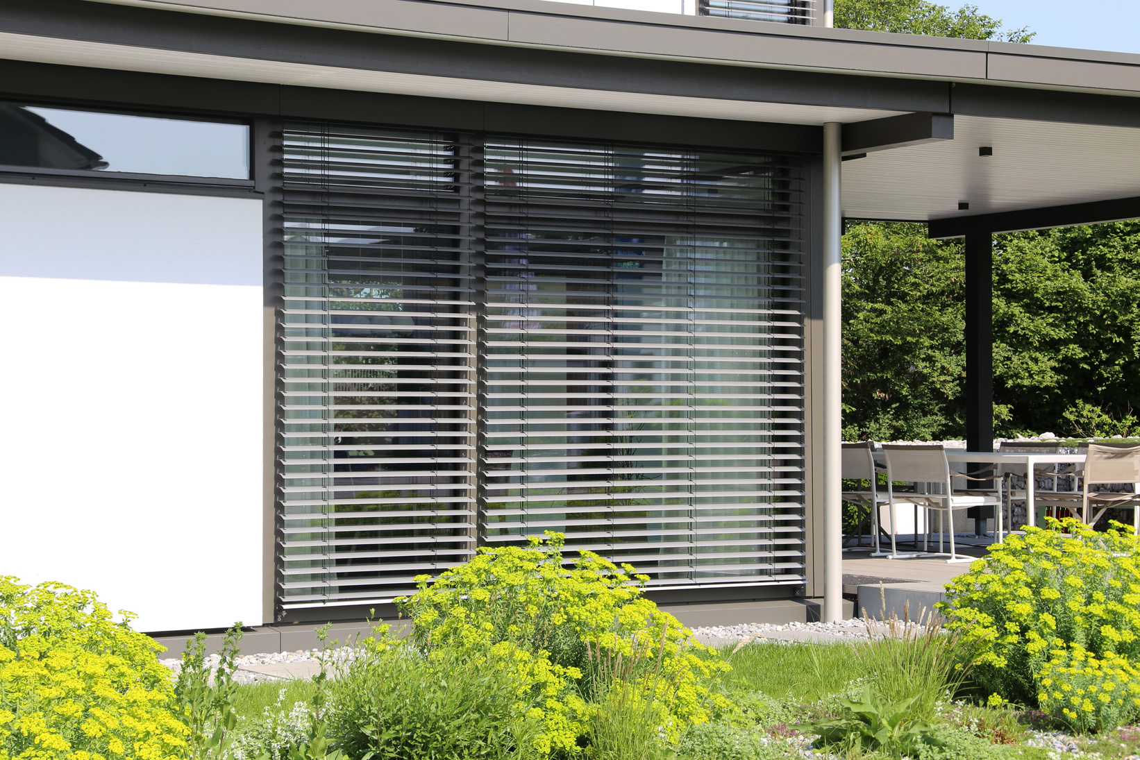 Window with modern blind, exterior shot